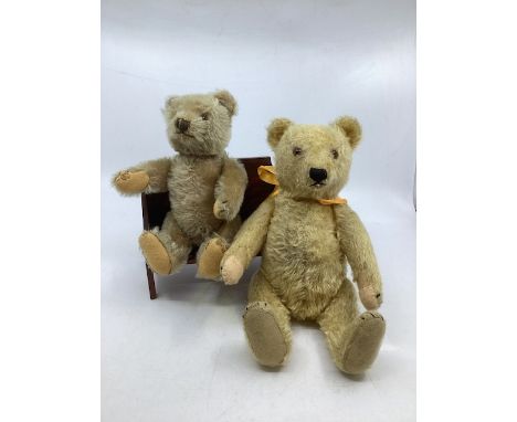 Antique German Teddy bears ( likely steiff ;no buttons remaining in ear) 11&rdquo; and 9&rdquo; the golden taller teddy has r