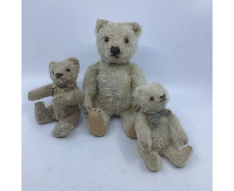 German Antique Steiff teddy bears, 2 still with steiff ear bottoms , largest 9” as a guide, in pale ash creamy mohair, in goo