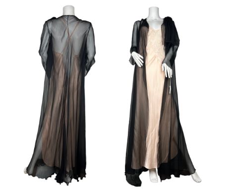 Two vintage silk nightdress and robe sets, one in pink and one in an eau de nil plus a peignoir or evening coat in black silk