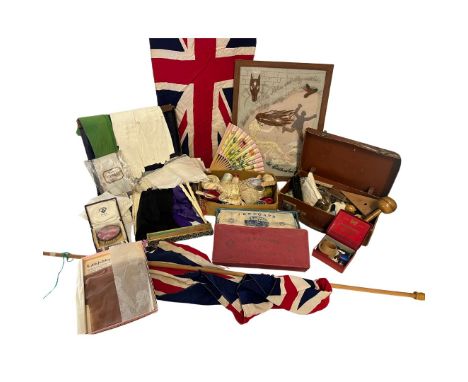 An eclectic collection of vintage items to include a 1930s embroidered picture depicting Grimms Brothers 'Goose Girl' with a 