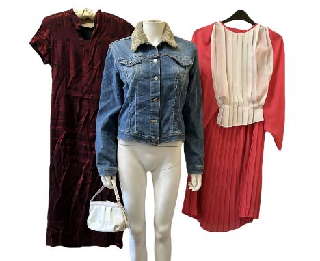 Vintage fashion to include a C1990s Levis jacket in blue denim with faux fur collar, a white leather tula bag with blush mauv