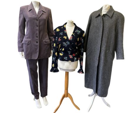 A 1980s navy blue wool crepe peplum jacket with painterly floral print in red, blue, yellow and green by Valentino, SZ 42 a M