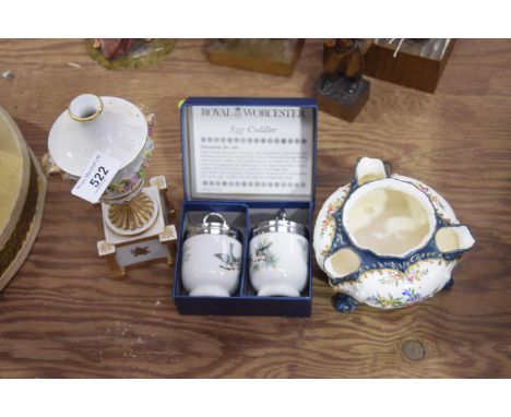 A small group of various English ceramics To include a small porcelain tri pod pot-pourri vase, together with a porcelain ped