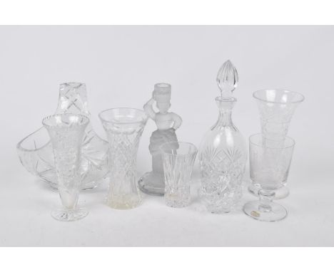 A collection of various cut glass items To include fruit bowl, decanter, various vases, Wedgewood etched commemorative Silver