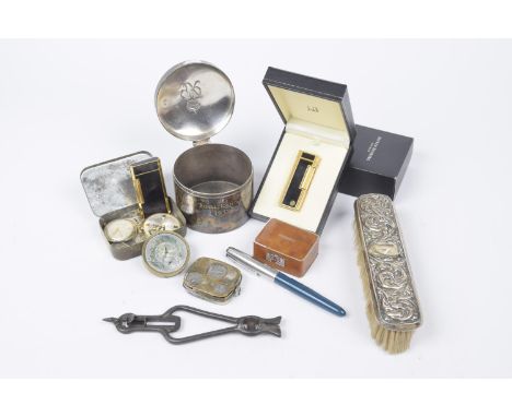 A selection of itemsTo include a silver backed brush, a cased Dunhill lighter, a Ronson lighter, together with a pair of pewt