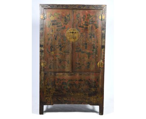 A Chinese lacquered cabinet, 20th Century The cabinet with twin hinged door, revealing two interior shelves and compartments,