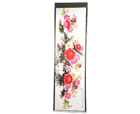A Chinese hanging scroll, 20th CenturyThe vibrant scroll depicting large purple and pink chrysanthemum flower heads with foli