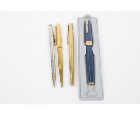 A collection of vintage pensTo include three Parker examples comprising two fountain pens and one ball point, together with a