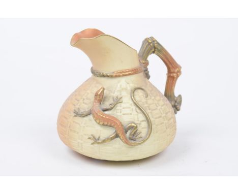 A Royal Worcester blush ivory 'Lizard' jug, dated 1905The basket work jug with tied rope work and branch handle applied with 