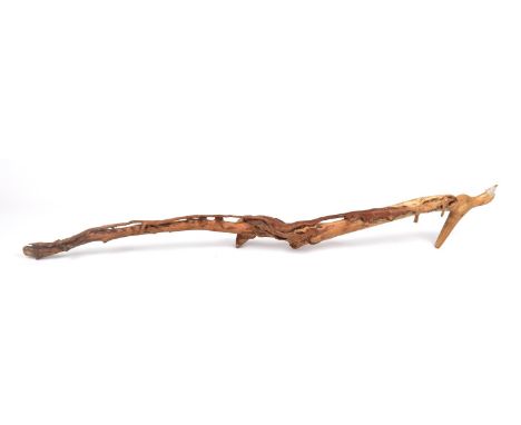 A South East Asian carved wooden walking stick Modelled as a gnarled branch with long tailed bird handle, 92cm long. 