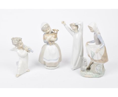 A collection of four Lladro and Nao figuresTo include three Lladro figures comprising young girl with a rabbit, sleepy child 