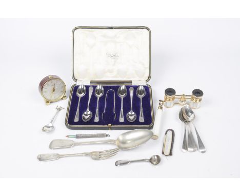 A selection of silver and white metal itemsTo include a selection of silver spoons, a cased set of white metal teaspoons, tog