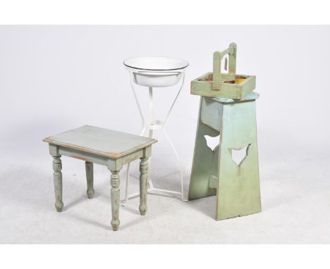 An enameled wash bowl on a painted iron standAlong with three painted items to include a lamp table on turned legs, a bar sto