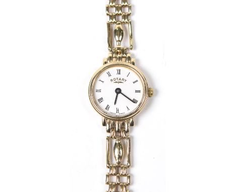 A ladies 9ct gold Rotary wristwatchThe circular shape white dial with Roman numeral hour markers, to the fancy link chain bra