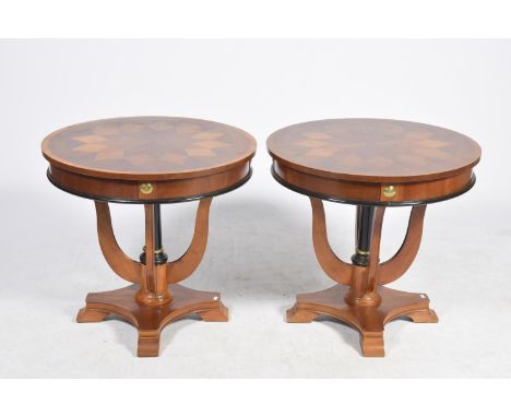 A pair of parquetry drum style lamp tables, 20th CenturyThe circular parquetry and crossbanded tops above a plain frieze appl