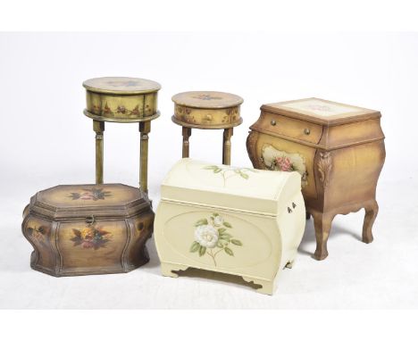 Five items of painted French style furniture Each decorated with a spray of blooms to include a domed trunk, a small octagona