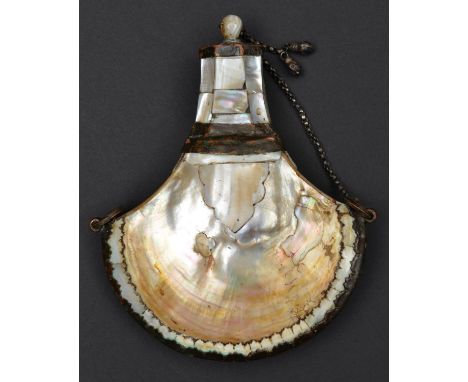 An Indian mother of pearl powder flask. Maximum 18cms, fan-shaped body with reinforced edges, spout formed from sections of M