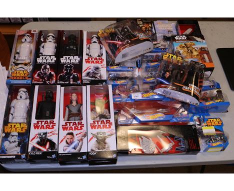 37x Star Wars related items. Including 10x 12 inch scale figures; Kylo Ren, Stormtroopers, TIE fighter pilot, Yoda, Rey, etc.