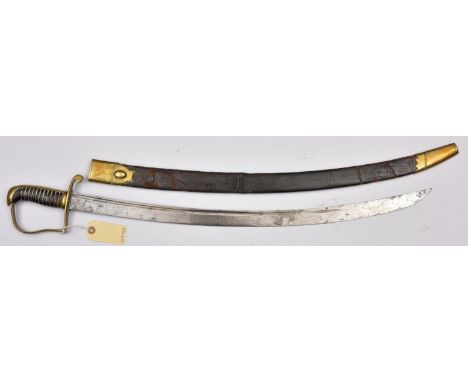 An early 19th century constabulary type sidearm,  curved, flat blade 26", with back fuller, brass stirrup hilt with crossguar