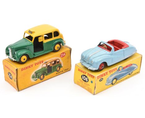 2 Dinky Toys. An Austin Atlantic Convertible (106). Example in light blue with red interior and red wheels. Plus a Austin TAX