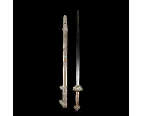 A Chinese sword jian,  straight DE blade 27½", copper hilt embossed with pairs of stylised dragons and lotus flowers, in its 