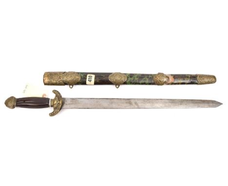 A Chinese shortsword,  DE blade 19", scroll embossed upturned brass crossguard, swollen panelled darkwood grip, brass pommel 