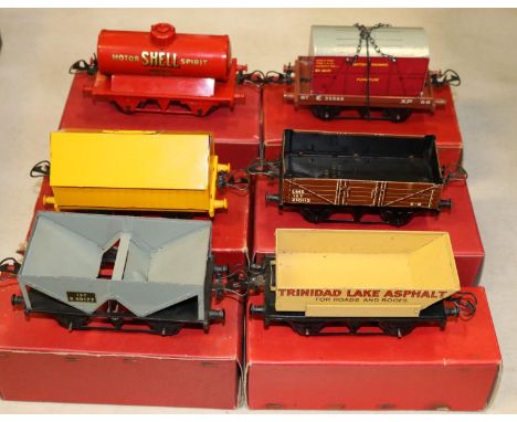 6 Hornby O Gauge Freight Wagons. Flat Truck with British Railways Furniture container, Hopper Wagon, LMS Open Wagon, Petrol T