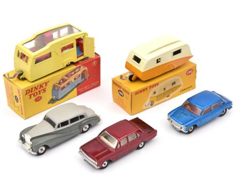 5 Dinky Toys. Vauxhall Victor 101 in metallic red with cream interior. An Austin 1800 in metallic blue with red interior. Plu