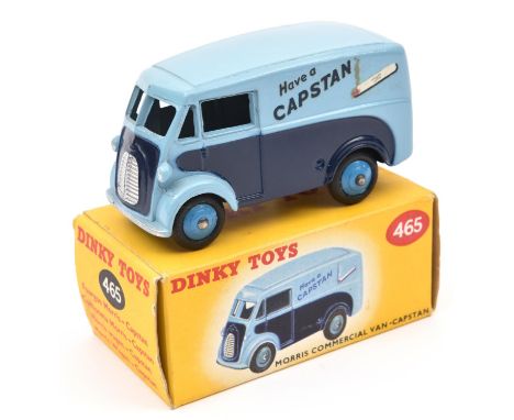 Dinky Toys Morris J Van 'Capstan' (465) in light and dark blue livery, with mid blue wheels and black rubber tyres. Boxed, mi