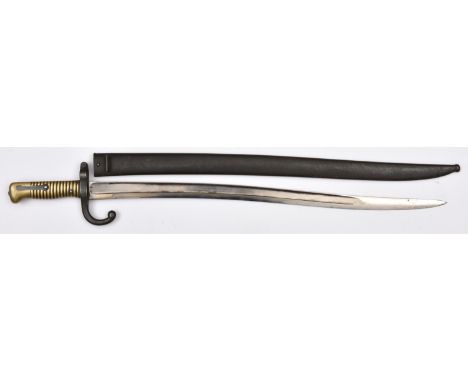 A Chassepot bayonet,  marked "Mre d'Armes de Chatt. obre 1874", in its scabbard with matching nos. "AG 44960".GC a nice examp