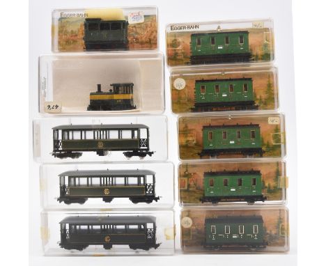 A quantity of Egger-Bahn etc 9mm HOn items. A 4 wheel tram engine RN1 in dark green livery. 5x 4 wheel passenger coaches in m