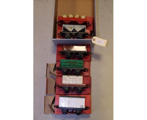 6 Hornby O Gauge Freight Wagons. Flat Truck with British Railways Insul-Meat container load. A Castrol Barrel Wagon, Refriger