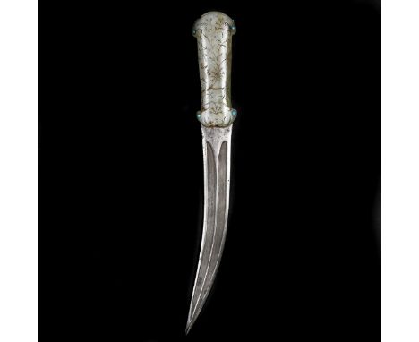 A Persian dagger khanjar. 2nd half of the 19th century, curved DE watered blade 24cms, cut with a pair of deep fullers, one p
