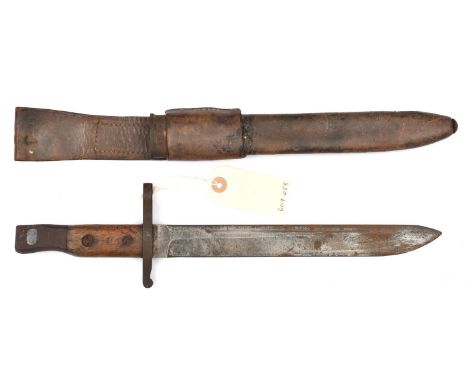 A Canadian M1910 Ross rifle bayonet,  in leather scabbard with frog. Basically GC (some rust). 