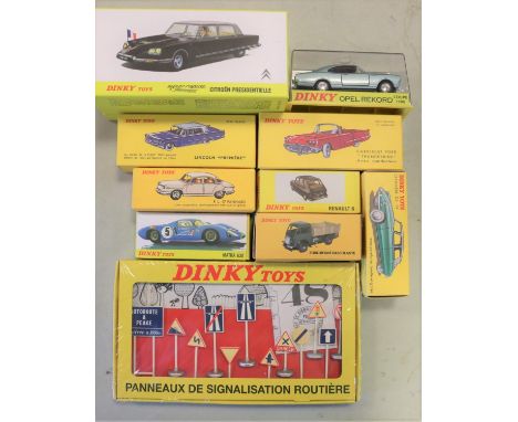 10 Atlas 'French' Dinky. Citroen Presidentielle (1435). Citroen DS19 (24CP) green/white example. Ford Benne Basculante (25M).
