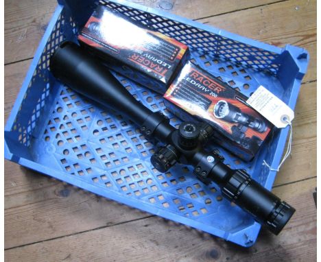 A Hawke Sidewinder 8-32 x 56 SR Pro Nitrogen charged telescopic sight,  number 17231, with mounts, VGC; also two Tracer Ledra
