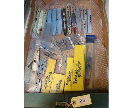 45+ diecast ships, most by Tri-ang Minic. Including; a trade box containing 5x Light Vessels (M735-739), 3x HMS Albion, RMS I