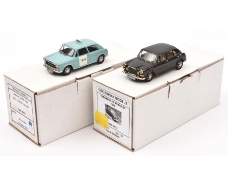 2x Crossway Models white metal cars. A Vanden Plas Princess 1300 in faun brown. An Austin 1100 Mk.III Police car in light blu