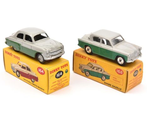 2 Dinky Toys. Vauxhall Cresta Saloon (164) and a Singer Gazelle(168). Both in light grey and dark green, Vauxhall with light 