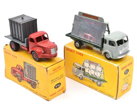 2 French Dinky Trucks. Miroitier Simca Cargo (33C). Example in light grey and dark green 'Saint-Gobain' livery. Plus a Platea