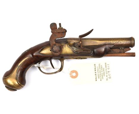 A late 18th century French or Belgian 38 bore brass barrelled flintlock travelling pistol,  8½" overall, tapered barrel 4¼" w