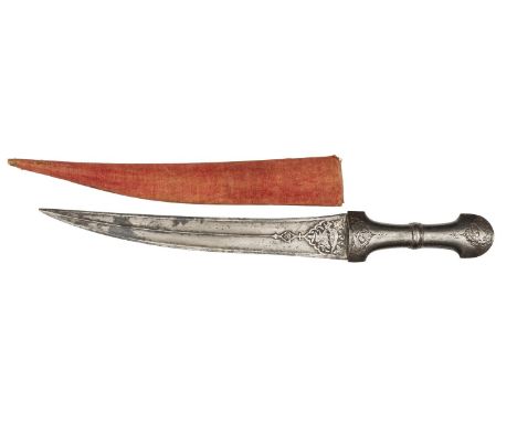 A Persian dagger khanjar. Qjar dynasty, curved DE watered blade 27.5cms, with central rib chiselled at forte with hawk and do
