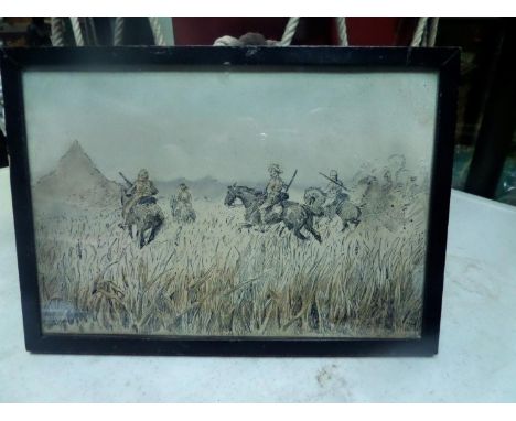 A well executed pen and wash sketch of a Boer War period mounted patrol, 4 riders ploughing through long grass; inscribed on 