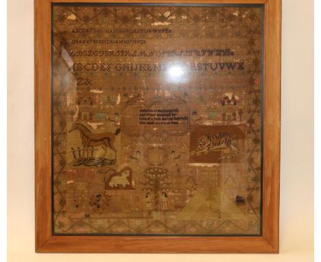 A large needlework sampler dated 1821 and signed 'Mary Roebuck in the 14th year of her age'. Showing scenes of Adam &amp; Eve
