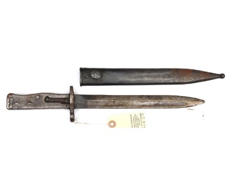 A WWI German "Ersatz" bayonet,  fullered blade 9½" (worn), with pressed steel hilt, in its steel scabbard. Basically GC 