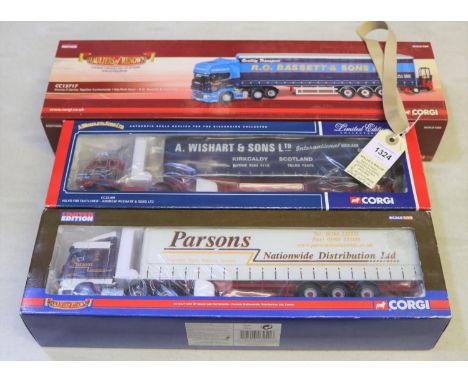 3 Corgi articulated trucks. Scania R Series Topline Curtainside, R.G. Bassett &amp; Sons Ltd, CC13717. Volvo F88 Tautliner, A