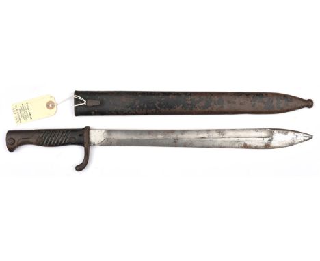 A German Seitengewehr M1898/05 bayonet,  with sawback removed, flashguard to grip, with scabbard, blade does not fully enter,