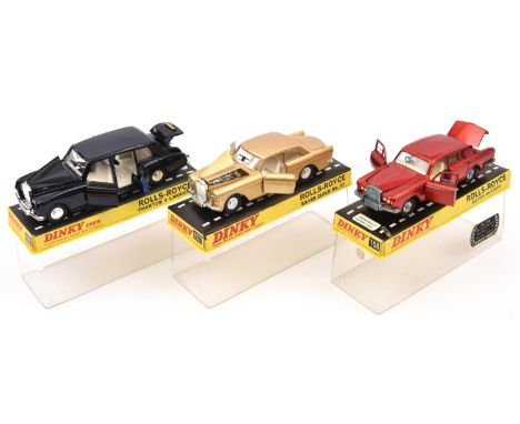 3 Dinky Cars. Rolls Royce Silver Cloud Mk.III (127) in light metallic gold with white interior. Rolls Royce Phantom V Limousi