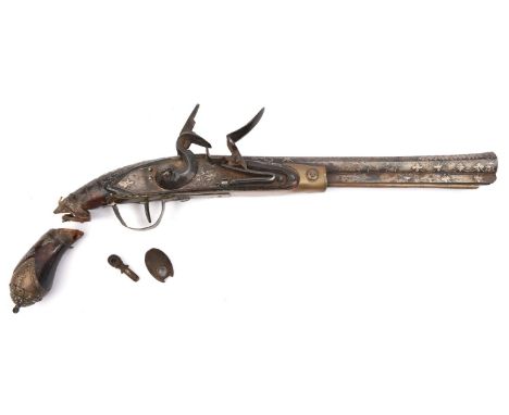 An Afghan 28 bore flintlock holster pistol, swamped hexagonal barrel 11½" decorated overall with silver flowers, scrolls, sca