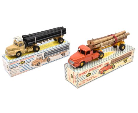 2 French Dinky Articulated Trucks. Willeme Tractor and Lumber Carrier (36A) in orange and yellow livery, complete with log lo